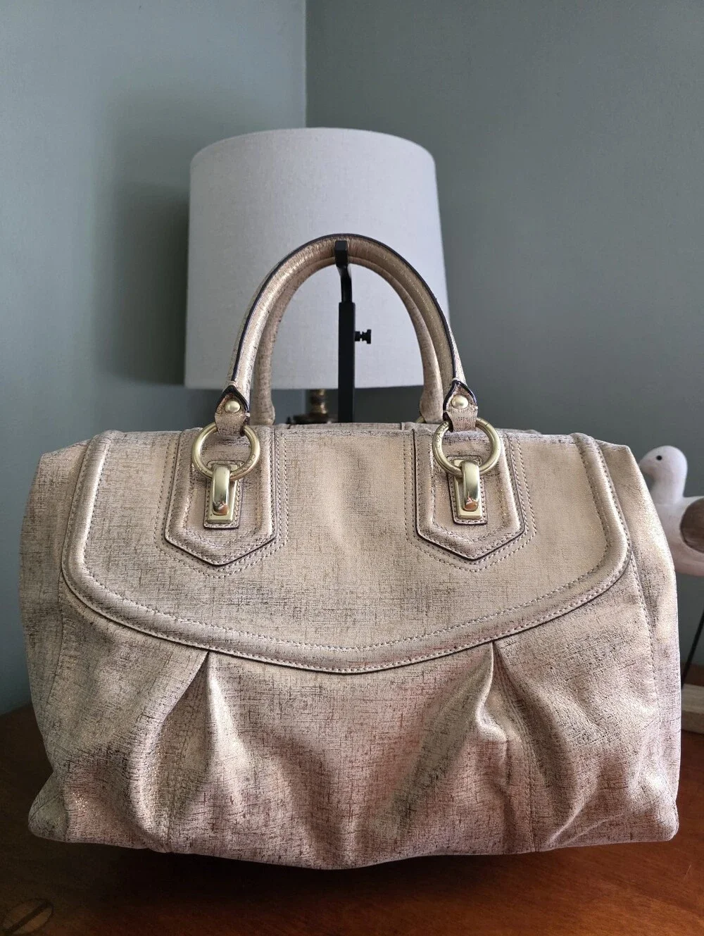 Coach 14241 Madison Sabrina Metallic Linen Tan Gold Satchel Shoulder Bag Y2K